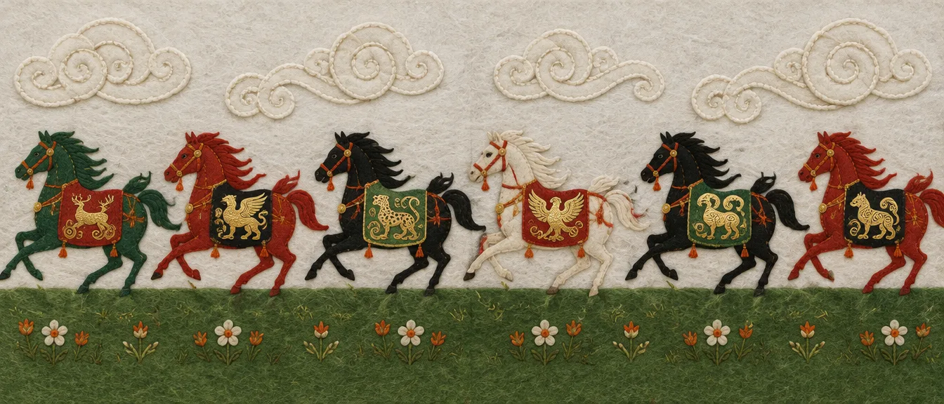 Friz felt enam steed berlari ke kiri di atas rumput, masing-masing dengan hewan emas di kain pelananya: rusa, griffin, macan salju, elang, argali, serigala.